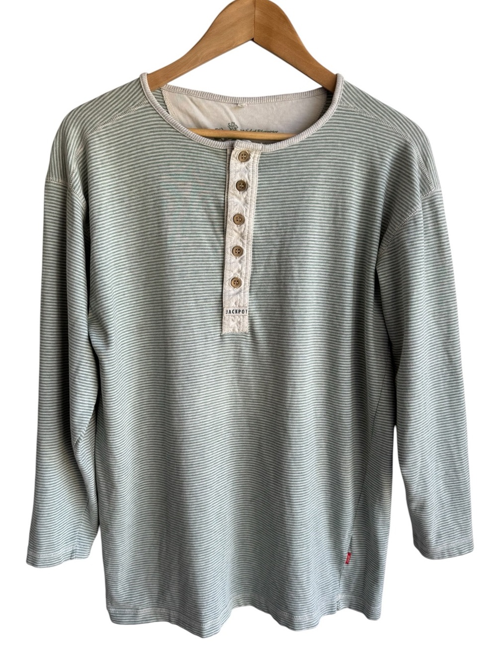 Jackpot Danish Striped Henley Top Womens L 100% Cotton Sage Green Coastal Shirt